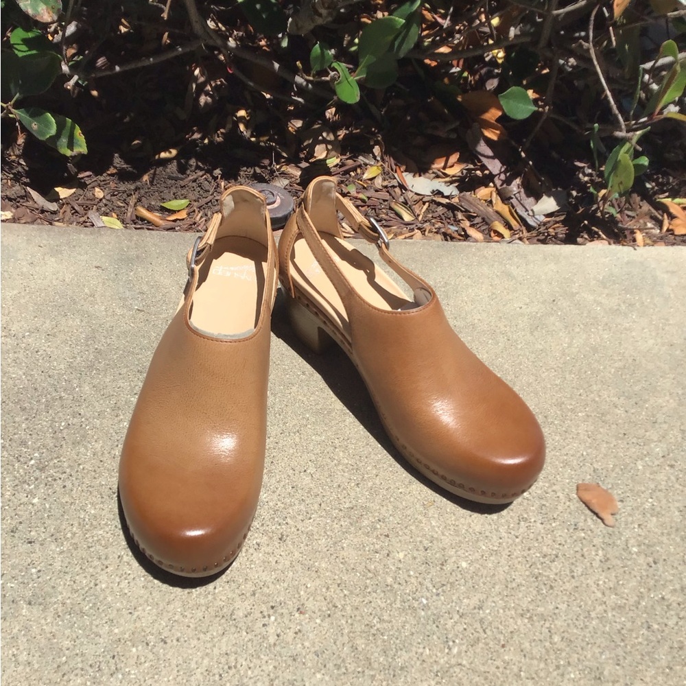 Dansko Tan Leather Slingback Clogs